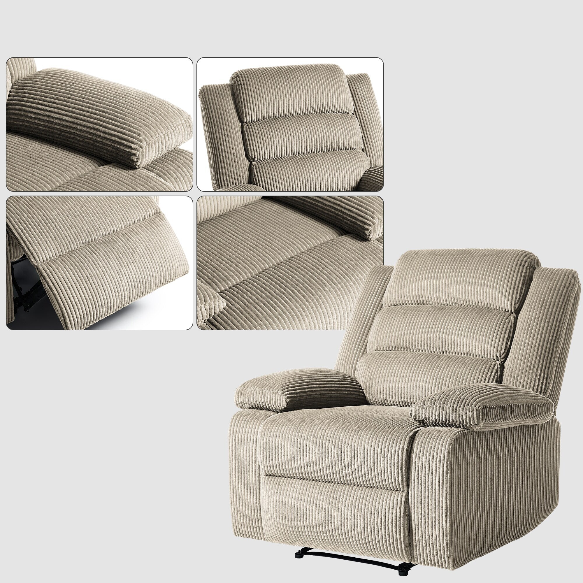 Fauteuil inclinable manuel moderne en velours côtelé, fauteuil inclinable réglable avec larges accoudoirs