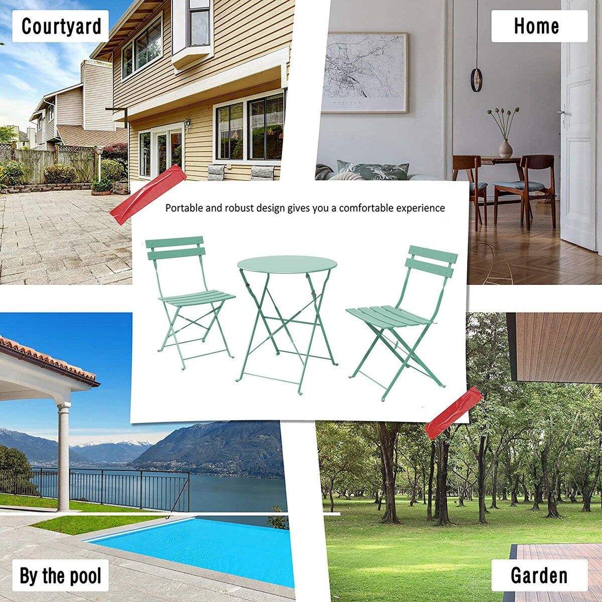 Ensemble bistro pliable en métal 3 pièces, résistant aux intempéries, idéal pour l'intérieur et l'extérieur, avec terrasse, jardin ou cour.