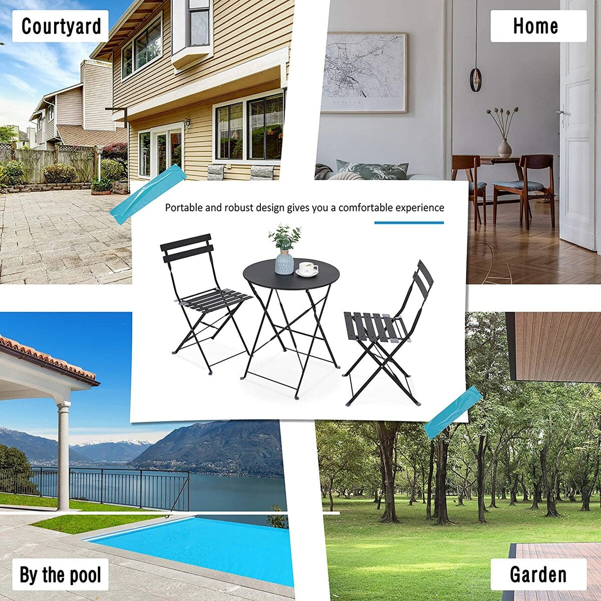 Ensemble bistro pliable en métal 3 pièces, résistant aux intempéries, idéal pour l'intérieur et l'extérieur, avec terrasse, jardin ou cour.