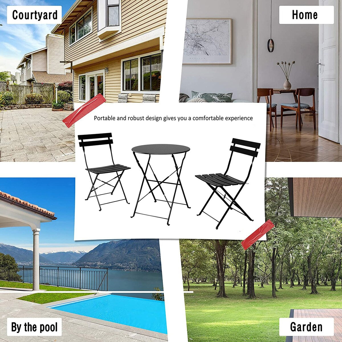 Ensemble bistro pliable en métal 3 pièces, résistant aux intempéries, idéal pour l'intérieur et l'extérieur, avec terrasse, jardin ou cour.