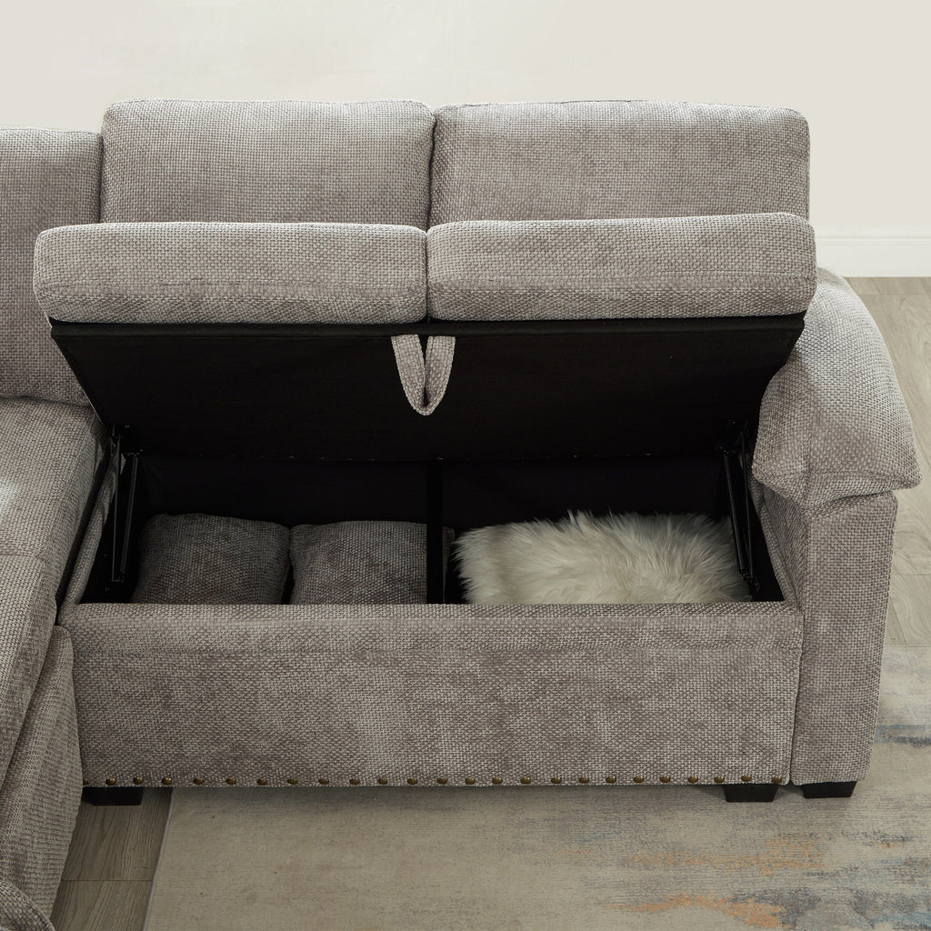 Canapé d'angle moderne en chenille d'angle avec canapé-lit gigogne, sièges de rangement, pouf et 2 coussins pour salon