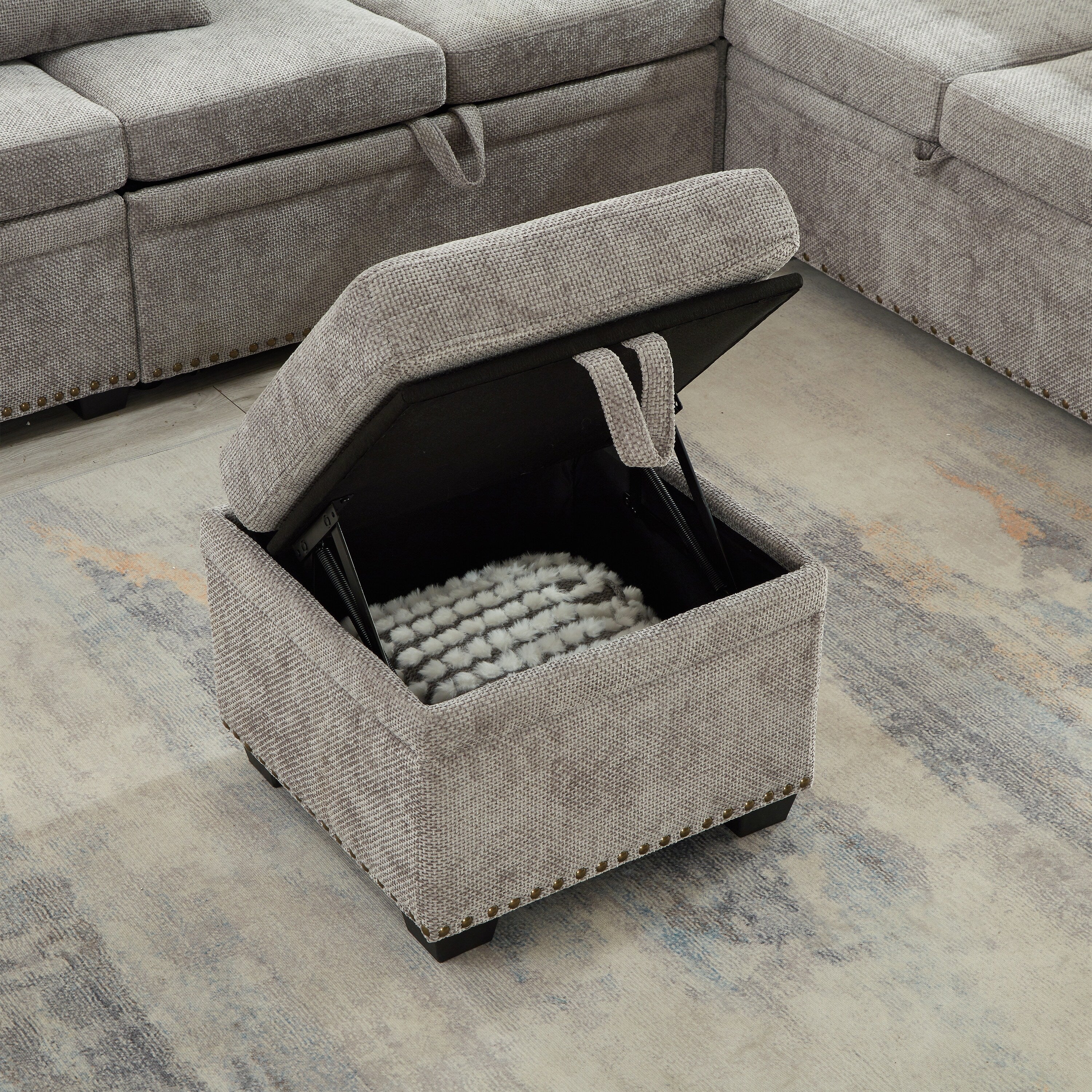 Canapé d'angle moderne en chenille d'angle avec canapé-lit gigogne, sièges de rangement, pouf et 2 coussins pour salon