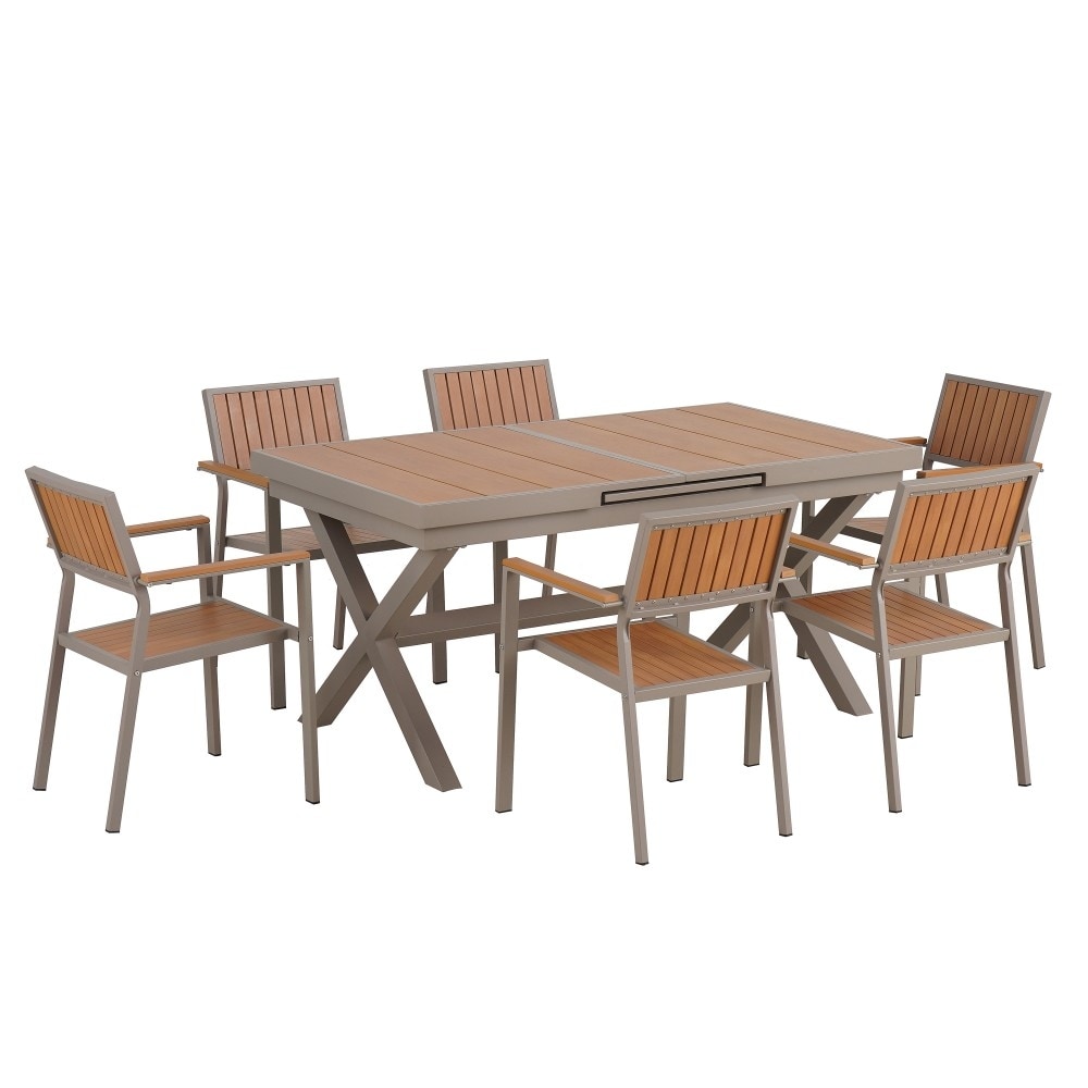 Ensemble de salle à manger d'extérieur moderne 7 pièces avec six chaises et une table extensible pour terrasse
