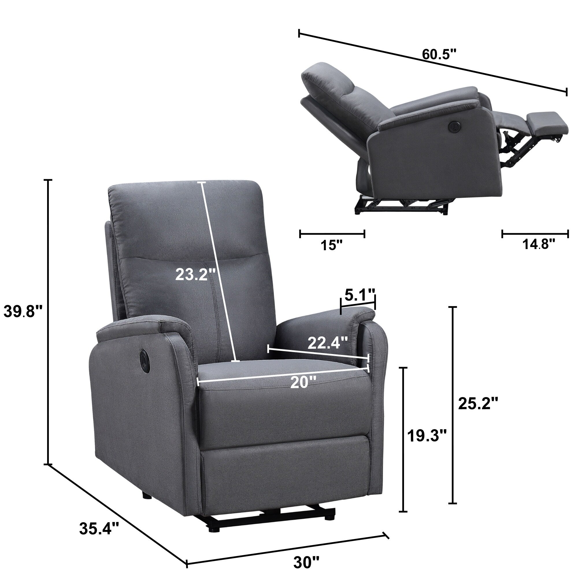 Fauteuil inclinable électrique moderne avec port USB et soutien complet de la tête et des lombaires