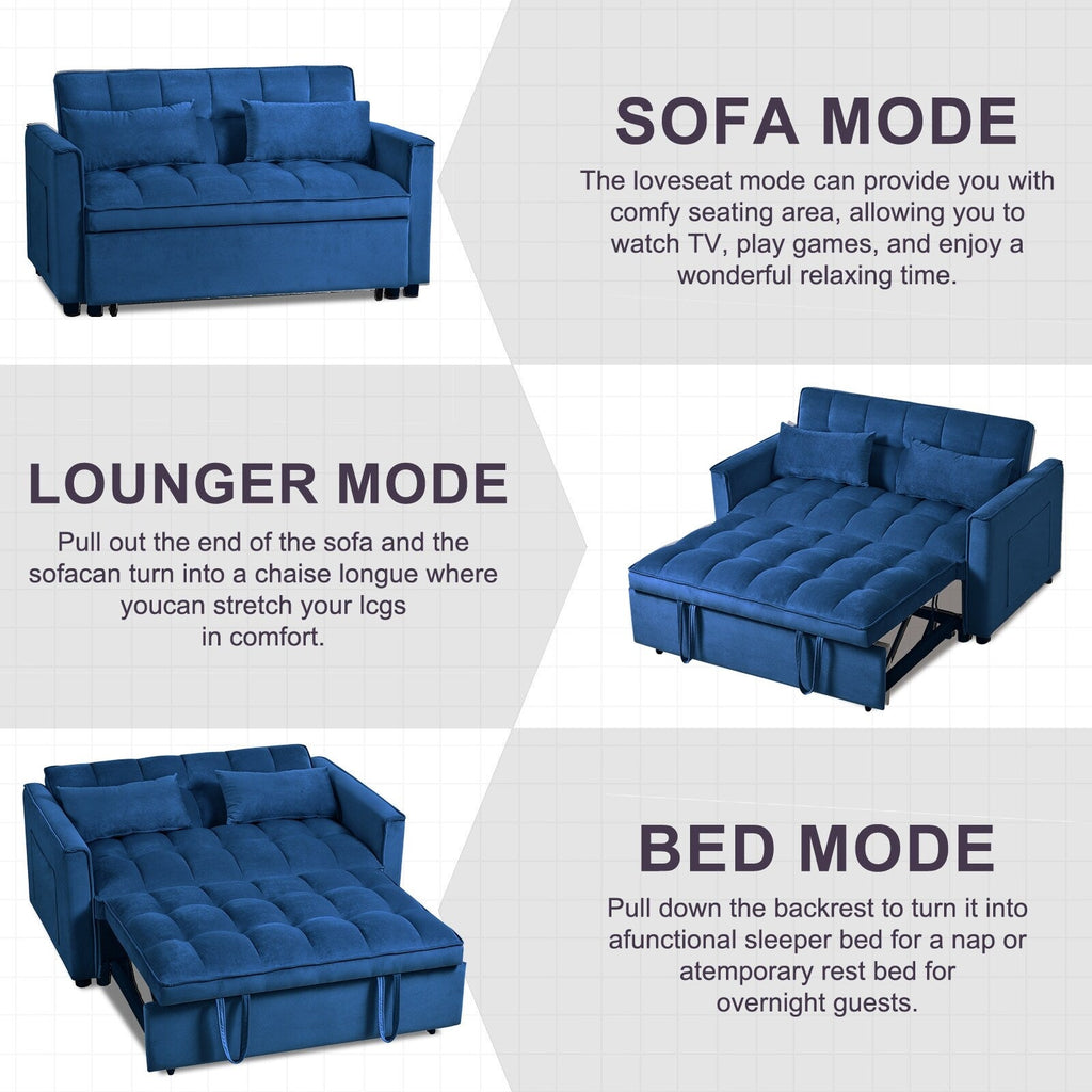 Canapé-lit gigogne moderne, canapé-lit 3 en 1 avec dossier réglable, causeuse en velours, coussins et poches latérales