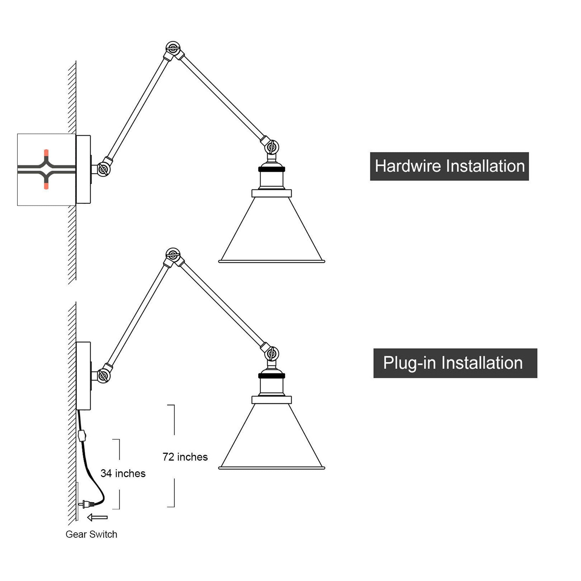 Ensemble de 2 appliques murales modernes à bras oscillant réglable, à brancher ou à câbler.
