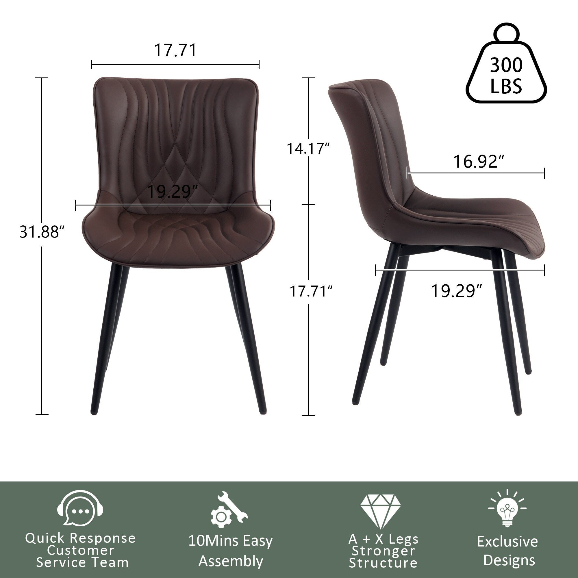 Lot de 2 chaises de salle à manger modernes en cuir capitonné sans accoudoirs