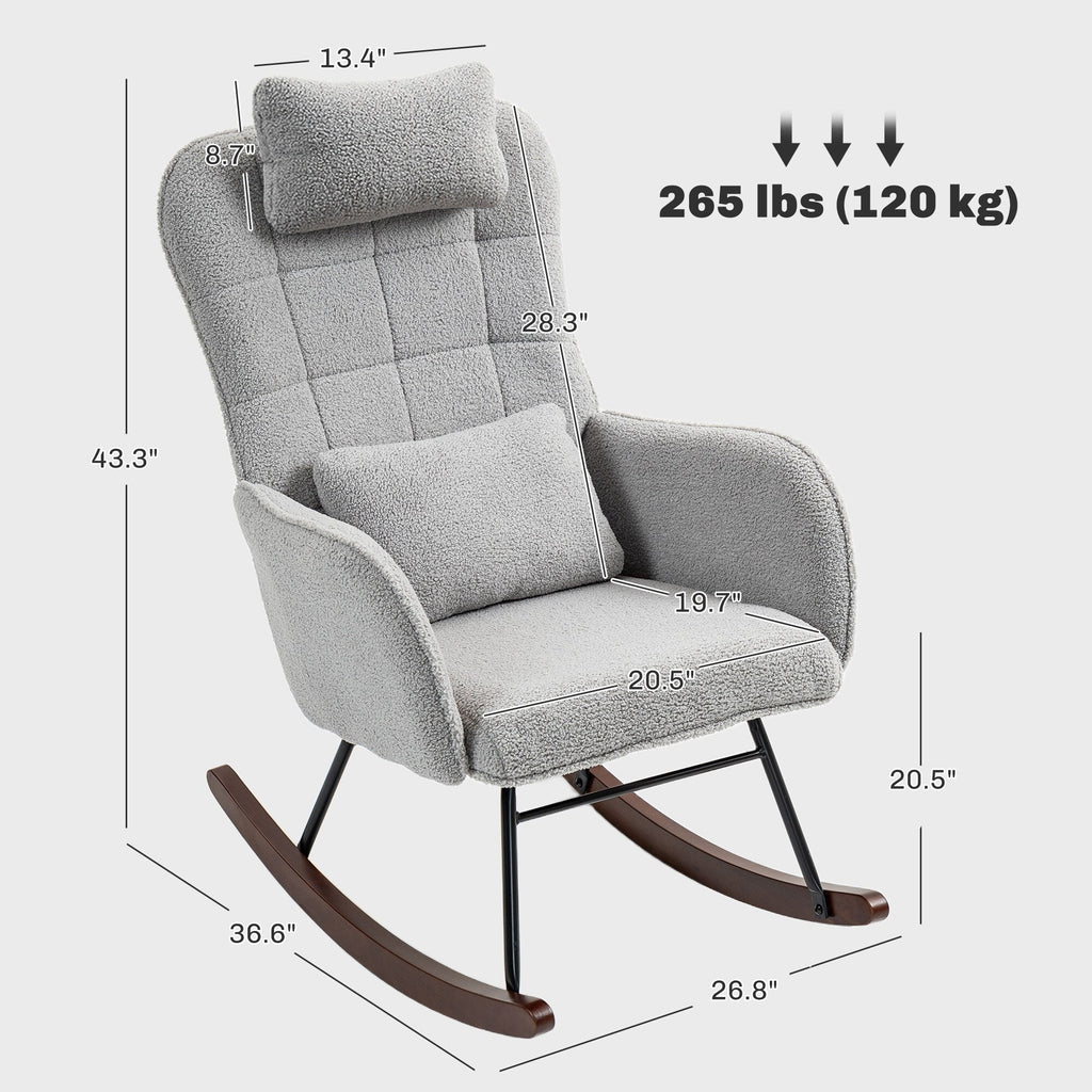 Fauteuil berçant moderne rembourré pour chambre d'enfant, avec dossier haut, appui-tête et coussin lombaire, idéal pour le salon ou la chambre à coucher.
