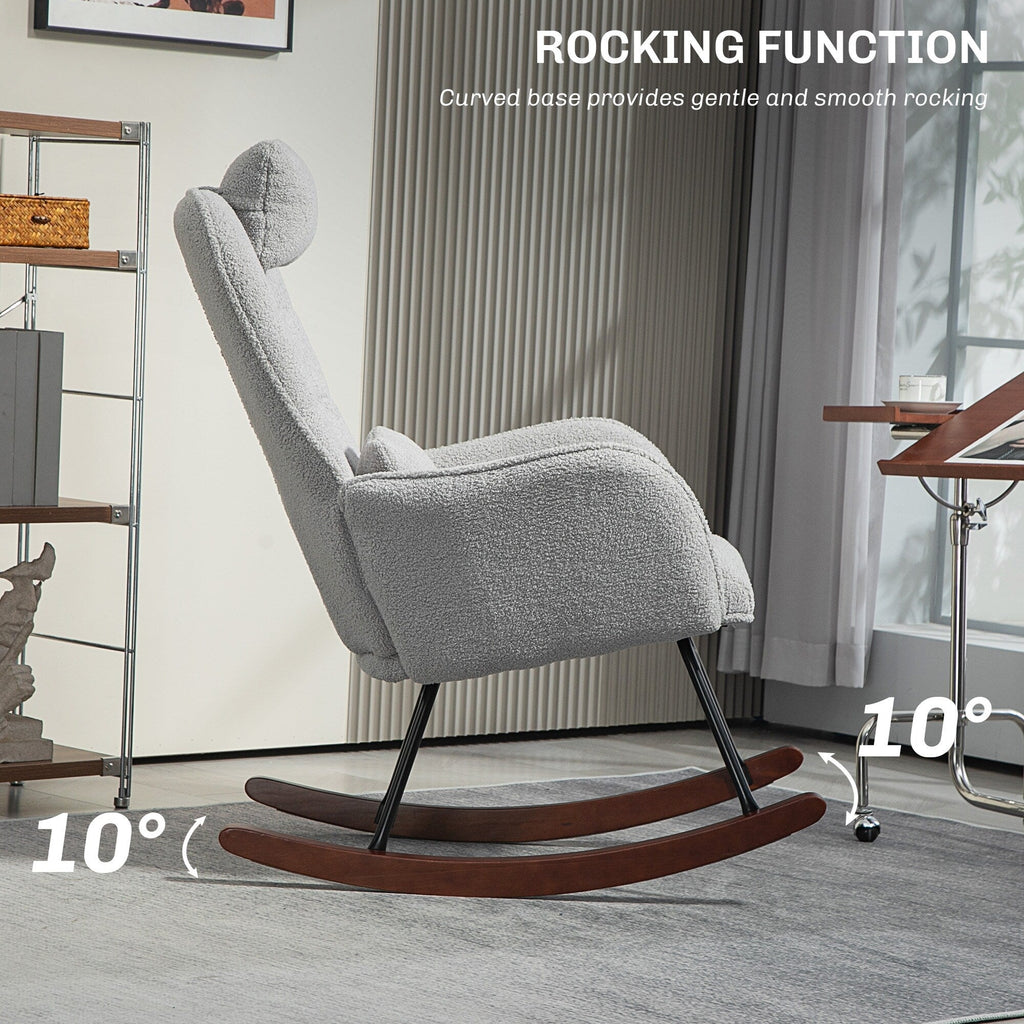 Fauteuil berçant moderne rembourré pour chambre d'enfant, avec dossier haut, appui-tête et coussin lombaire, idéal pour le salon ou la chambre à coucher.