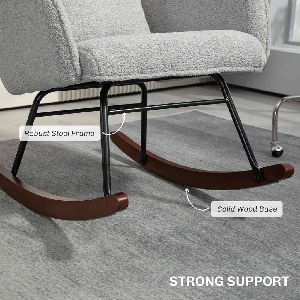 Fauteuil berçant moderne rembourré pour chambre d'enfant, avec dossier haut, appui-tête et coussin lombaire, idéal pour le salon ou la chambre à coucher.