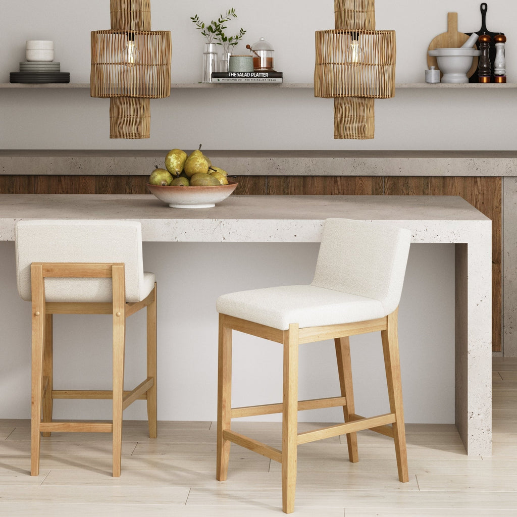 Tabouret de bar moderne Gracie, chaise rembourrée en bouclette et pieds en bois brossé