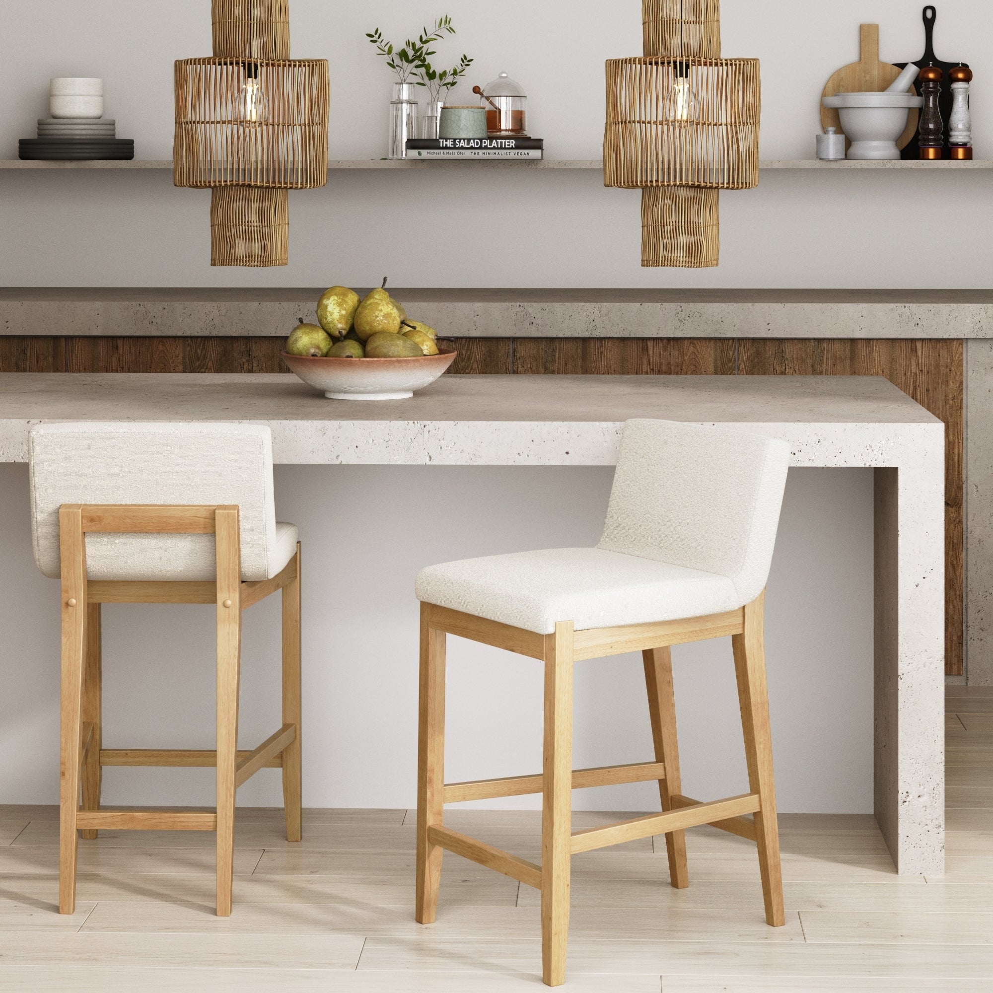 Tabouret de bar moderne Gracie, chaise rembourrée en bouclette et pieds en bois brossé