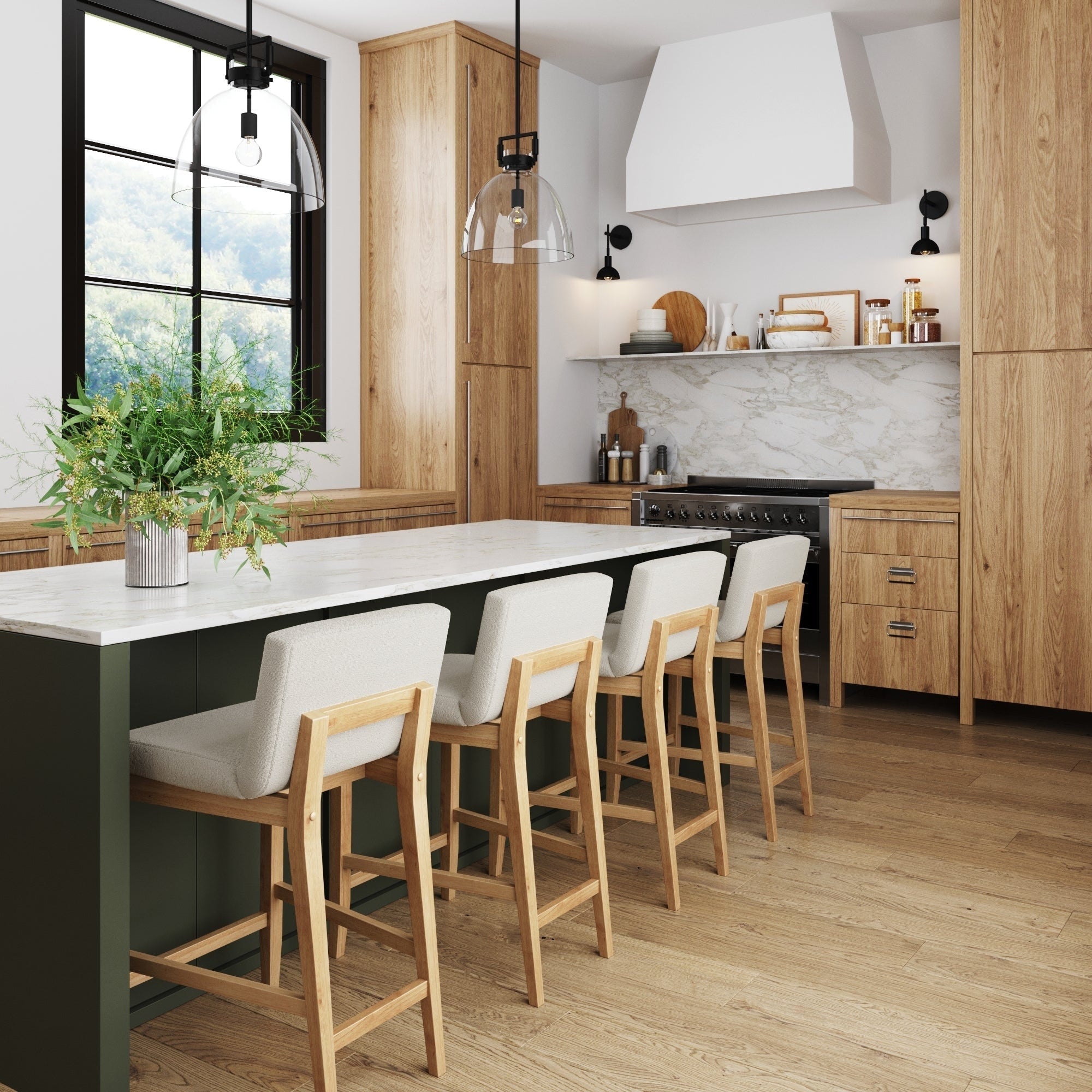 Tabouret de bar moderne Gracie, chaise rembourrée en bouclette et pieds en bois brossé