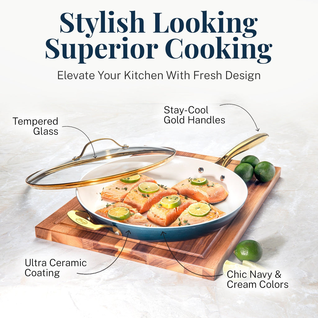 Ensemble de casseroles et poêles Gotham Steel Natural Collection, 15 pièces, revêtement céramique antiadhésif haute performance, couleur marine.