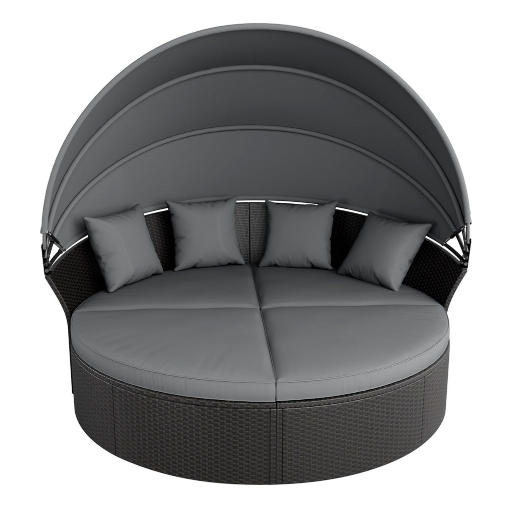 Ensemble canapé d'angle rond Nuon 4 pièces en résine tressée noire avec auvent rétractable par Havenside Home