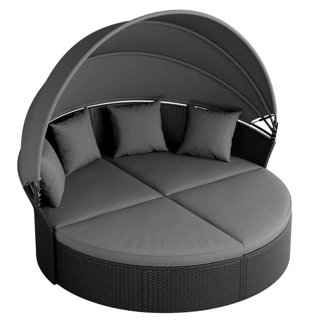 Ensemble canapé d'angle rond Nuon 4 pièces en résine tressée noire avec auvent rétractable par Havenside Home