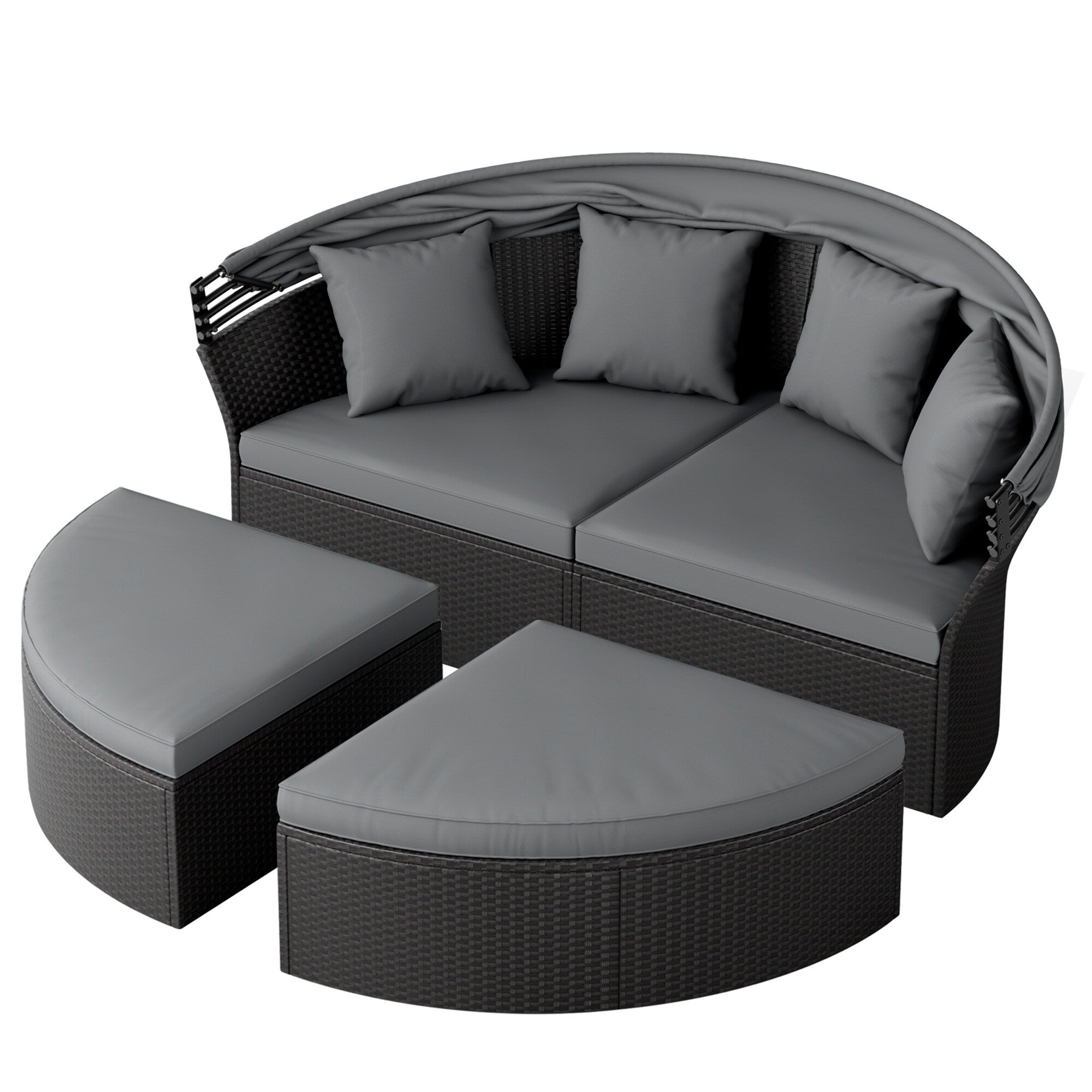 Ensemble canapé d'angle rond Nuon 4 pièces en résine tressée noire avec auvent rétractable par Havenside Home