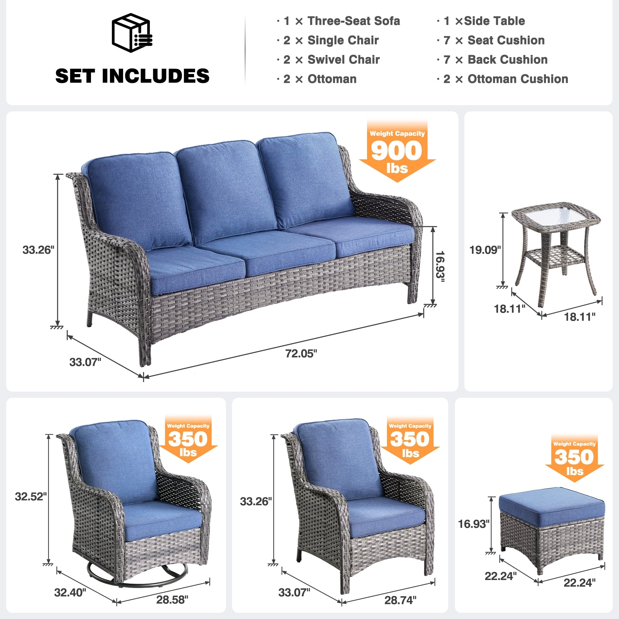 OVIOS Ensemble de meubles de jardin en osier 8 pièces avec chaise pivotante