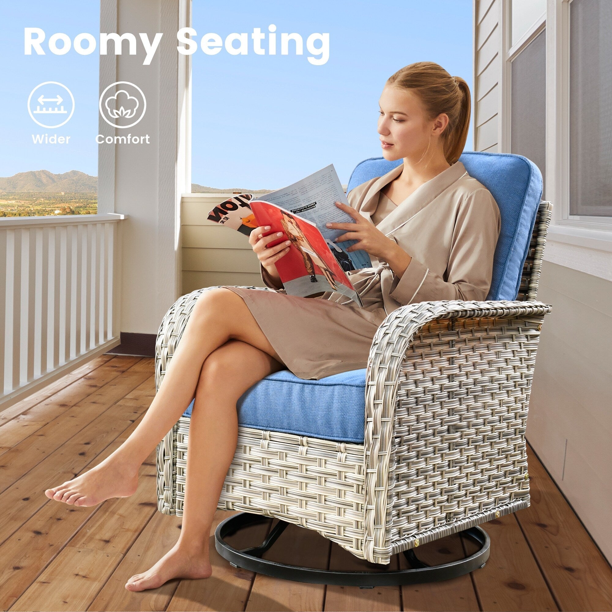 Ensemble de 9 chaises pivotantes d'extérieur en résine tressée OVIOS avec table de feu