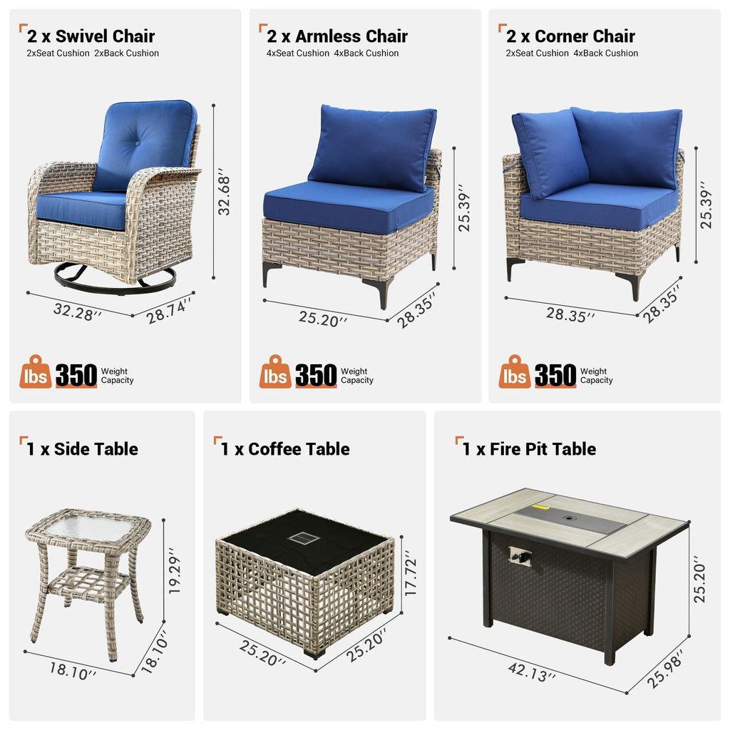 Ensemble de 9 chaises pivotantes d'extérieur en résine tressée OVIOS avec table de feu