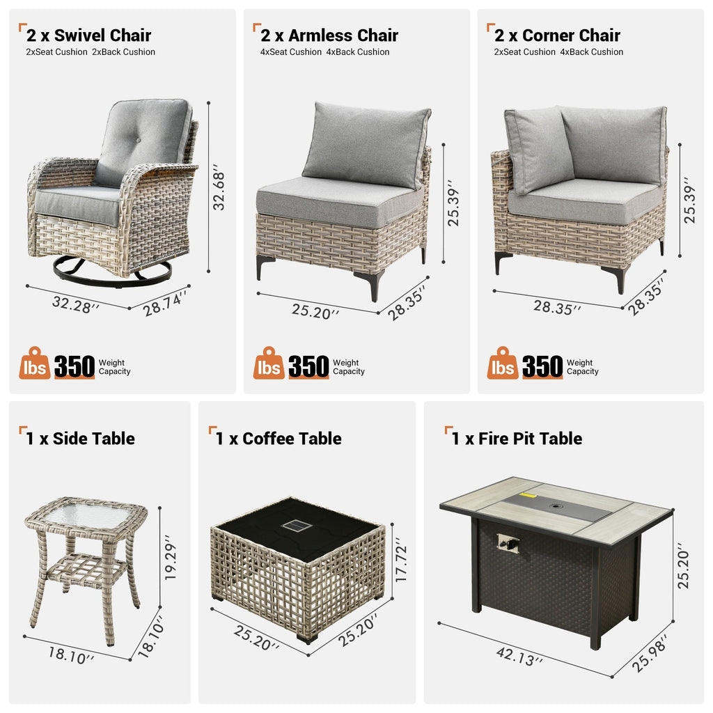 Ensemble de 9 chaises pivotantes d'extérieur en résine tressée OVIOS avec table de feu