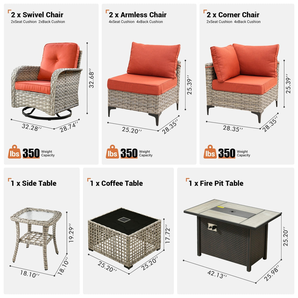 Ensemble de 9 chaises pivotantes d'extérieur en résine tressée OVIOS avec table de feu