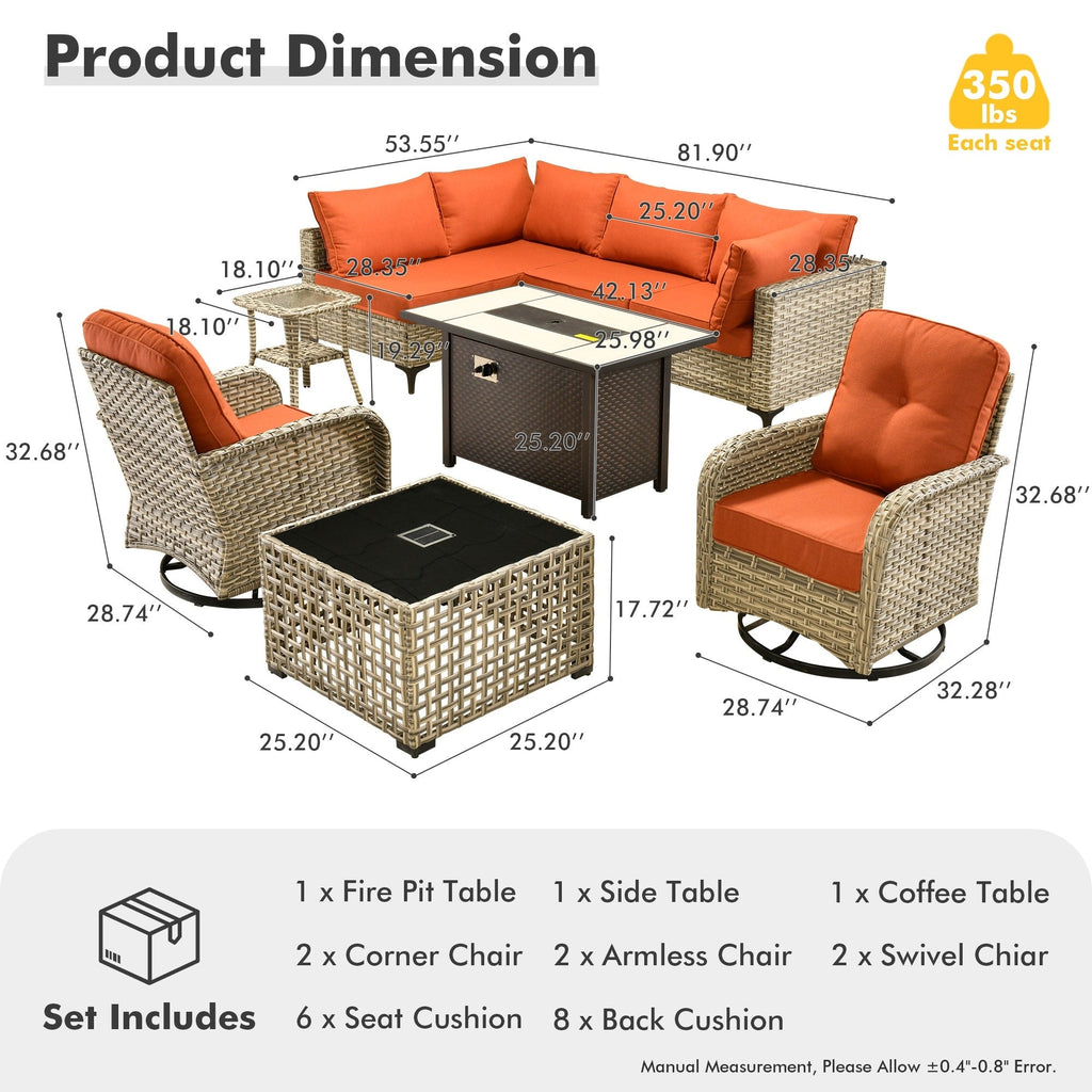Ensemble de 9 chaises pivotantes d'extérieur en résine tressée OVIOS avec table de feu