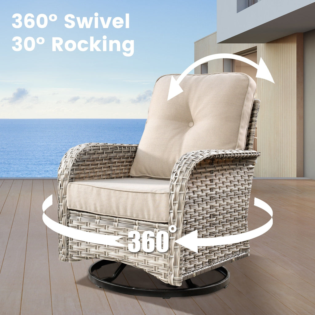 Ensemble de 9 chaises pivotantes d'extérieur en résine tressée OVIOS avec table de feu