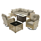 Ensemble de 9 chaises pivotantes d'extérieur en résine tressée OVIOS avec table de feu