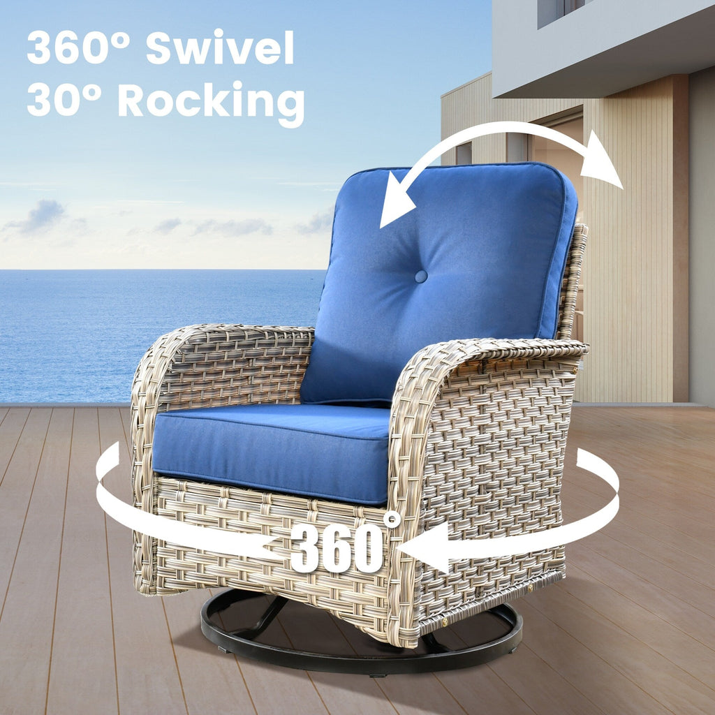 Ensemble de 9 chaises pivotantes d'extérieur en résine tressée OVIOS avec table de feu