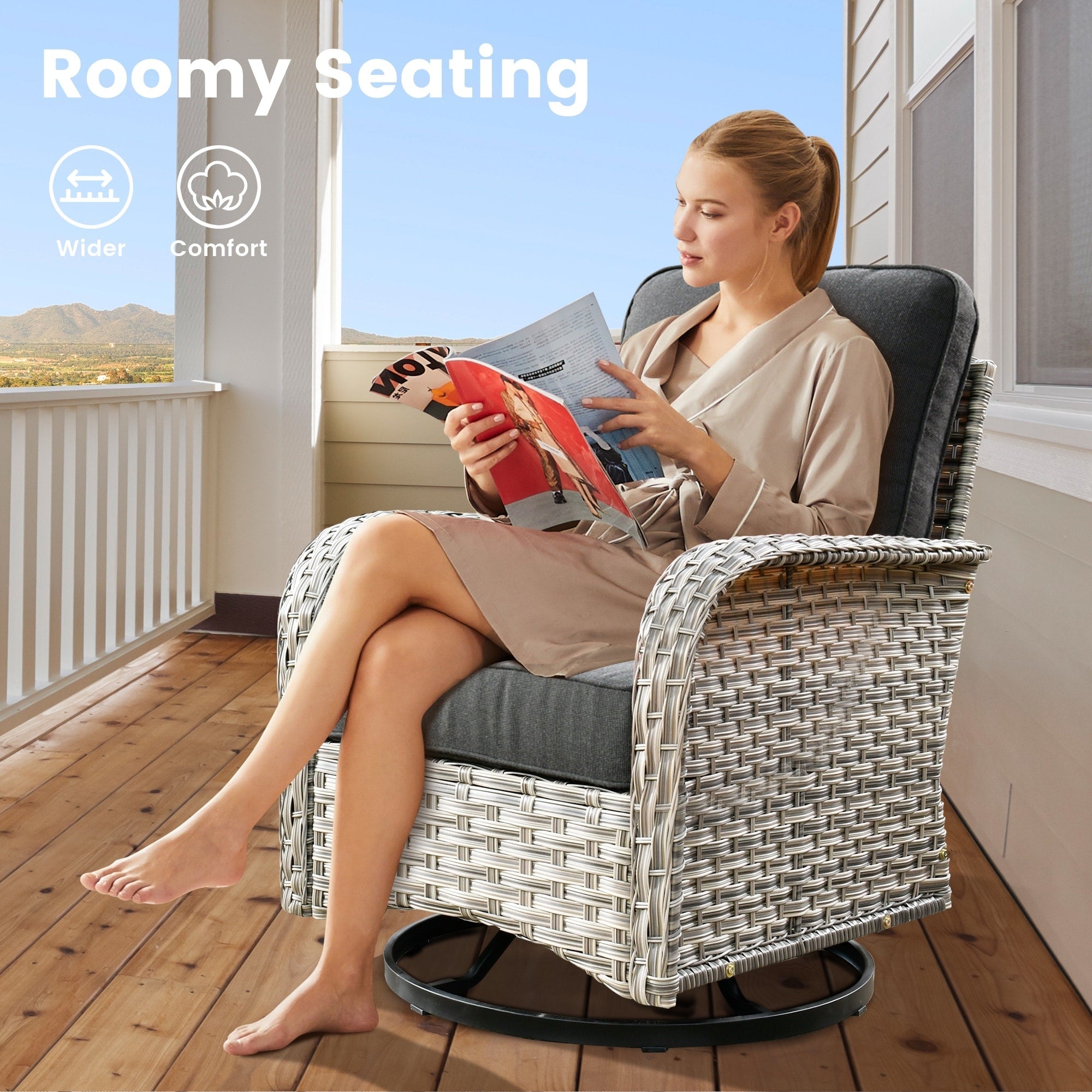 Ensemble de 9 chaises pivotantes d'extérieur en résine tressée OVIOS avec table de feu