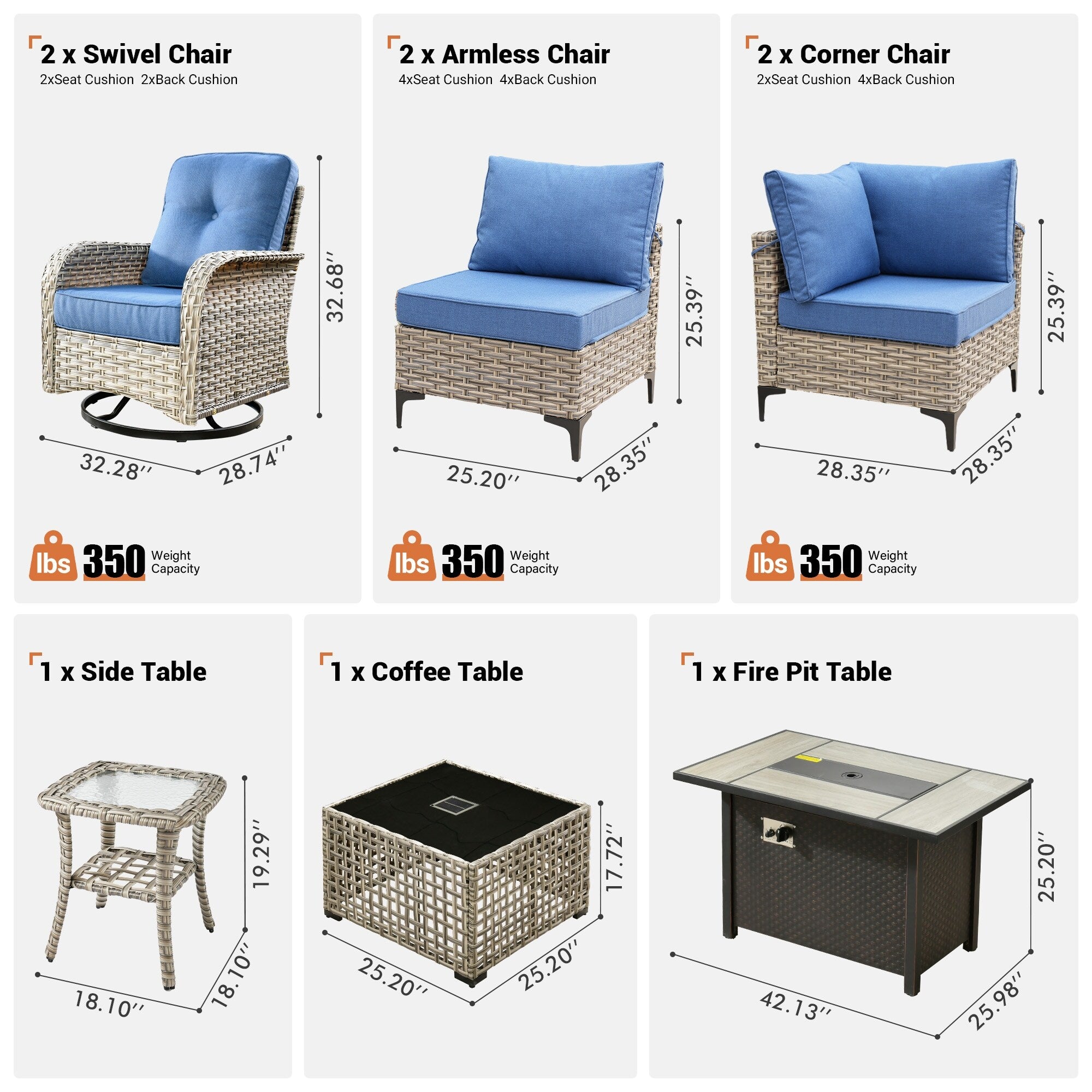 Ensemble de 9 chaises pivotantes d'extérieur en résine tressée OVIOS avec table de feu