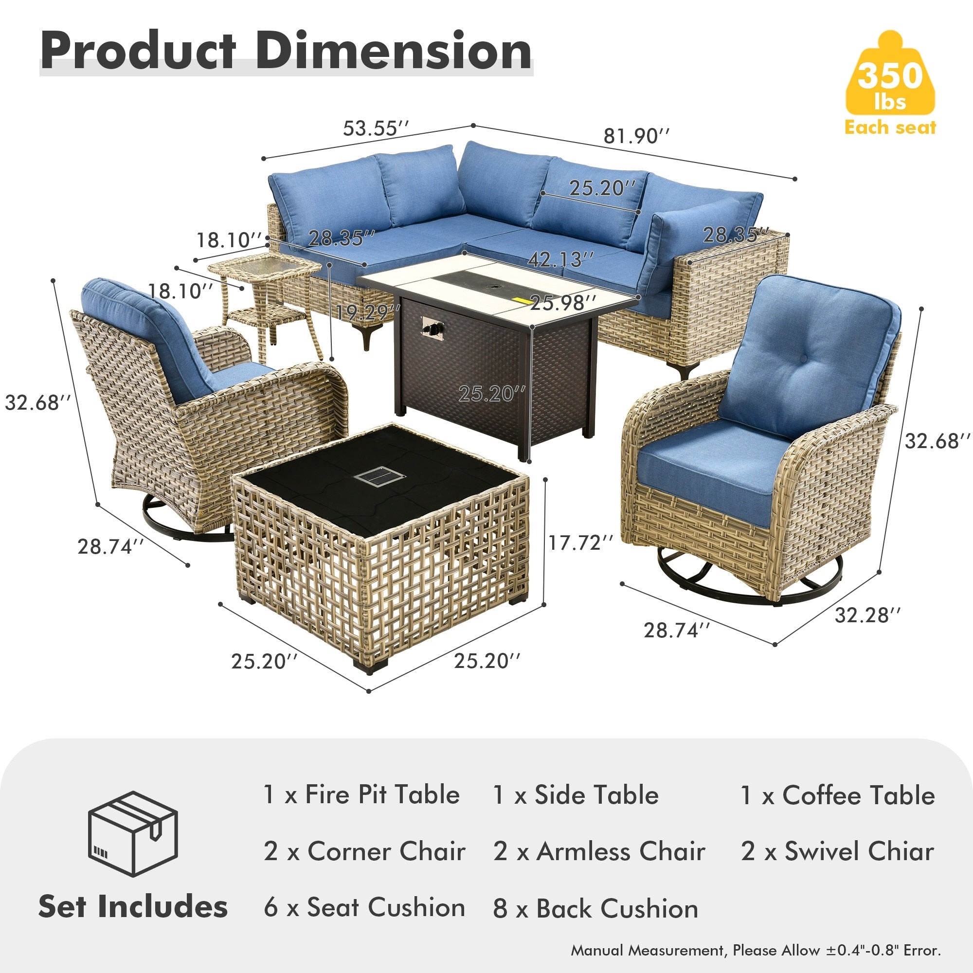 Ensemble de 9 chaises pivotantes d'extérieur en résine tressée OVIOS avec table de feu