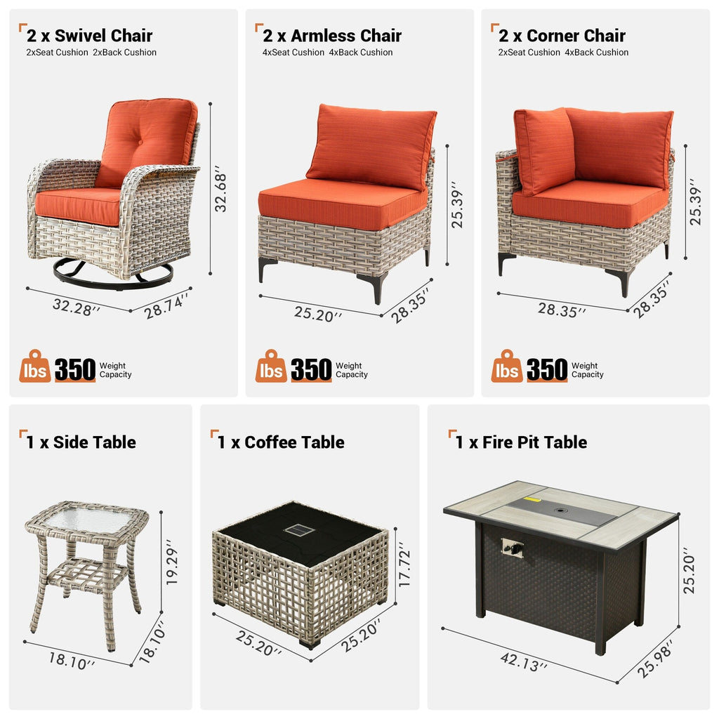 Ensemble de 9 chaises pivotantes d'extérieur en résine tressée OVIOS avec table de feu