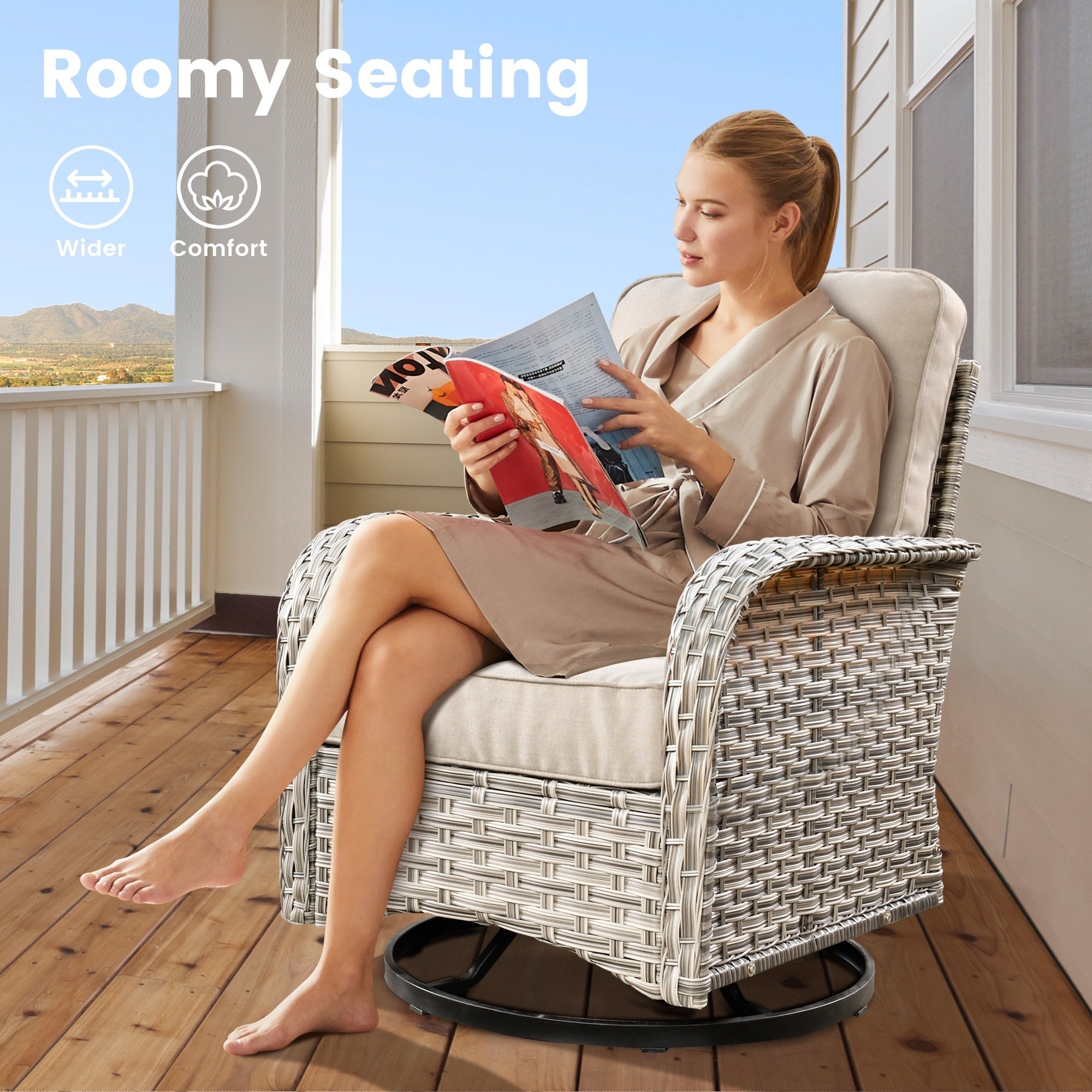 Ensemble de 9 chaises pivotantes d'extérieur en résine tressée OVIOS avec table de feu