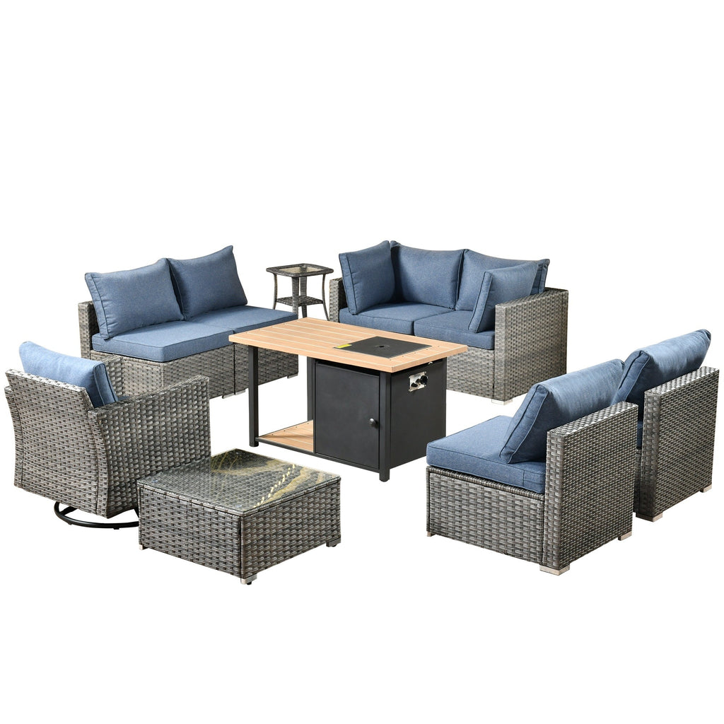 Ensemble de canapés d'angle OVIOS en résine tressée à assise profonde, 11 pièces, fauteuils pivotants et foyer extérieur