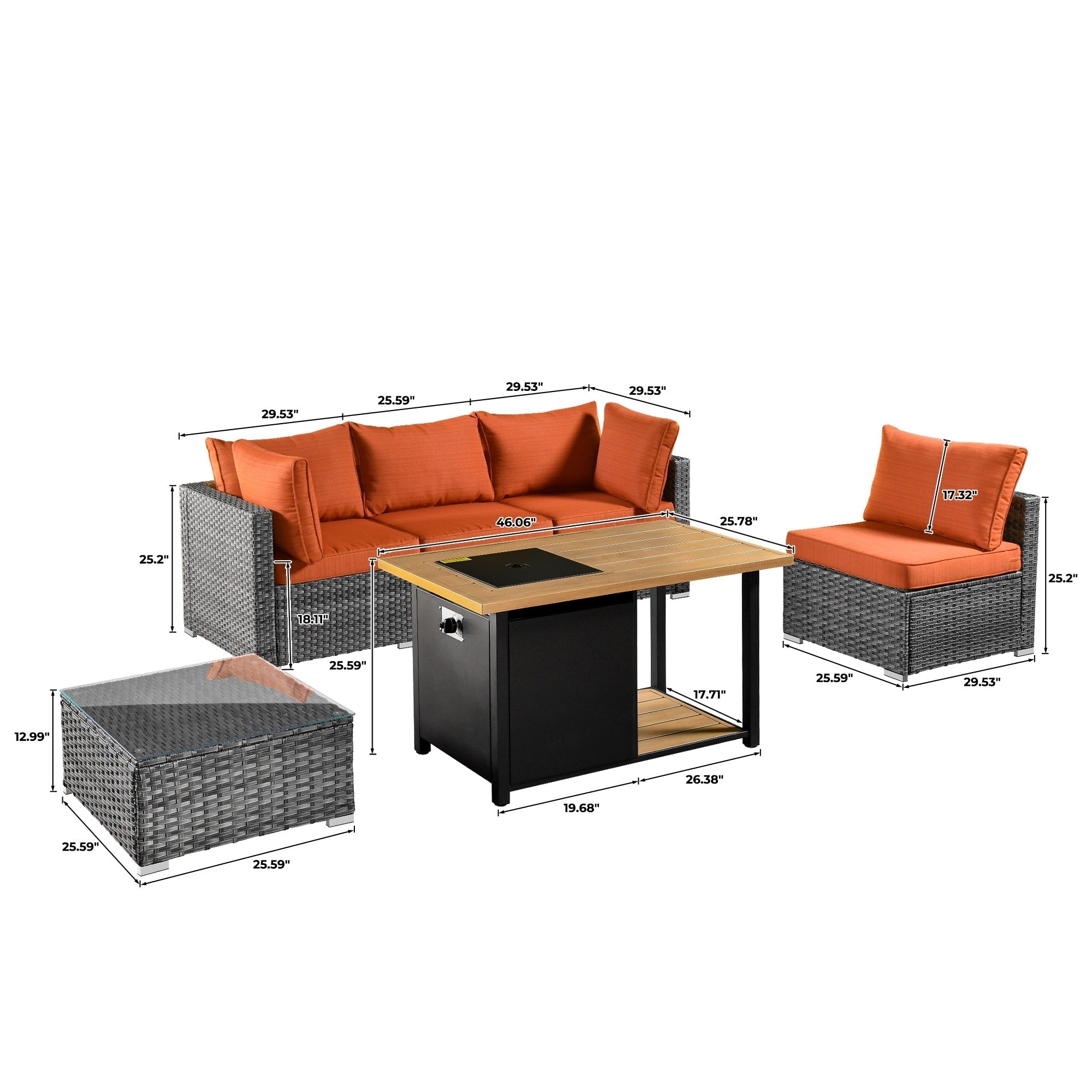 Ensemble de canapés d'angle OVIOS en résine tressée à assise profonde, 11 pièces, fauteuils pivotants et foyer extérieur