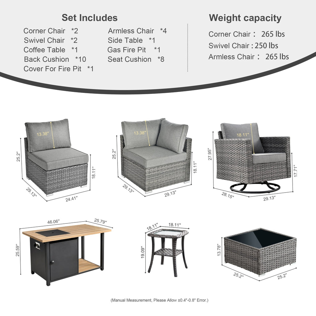 Ensemble de canapés d'angle OVIOS en résine tressée à assise profonde, 11 pièces, fauteuils pivotants et foyer extérieur