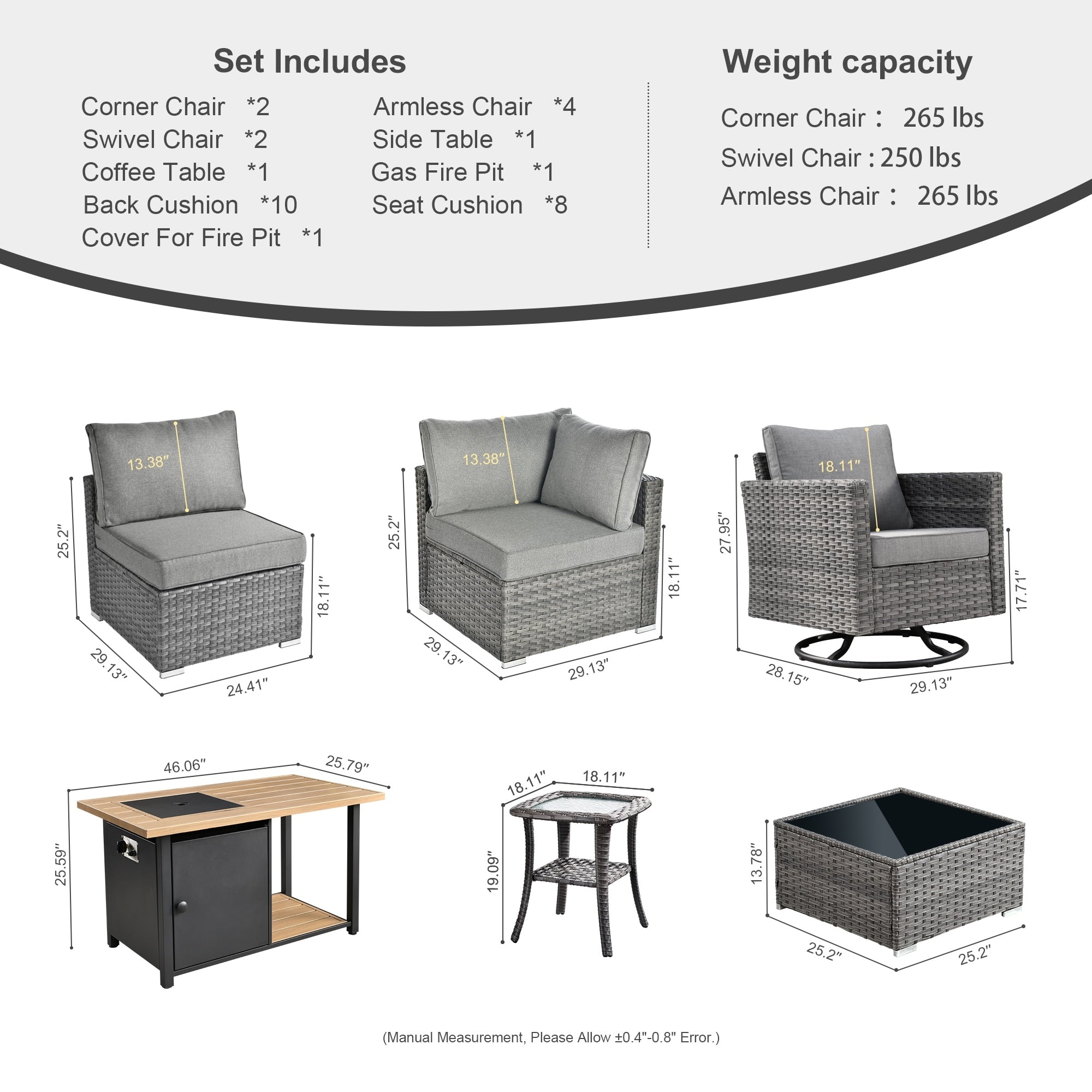 Ensemble de canapés d'angle OVIOS en résine tressée à assise profonde, 11 pièces, fauteuils pivotants et foyer extérieur