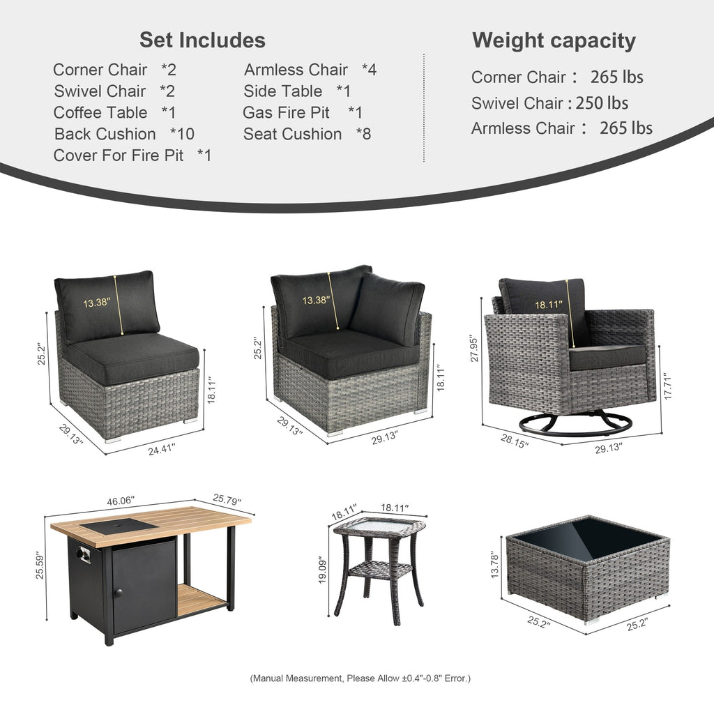 Ensemble de canapés d'angle OVIOS en résine tressée à assise profonde, 11 pièces, fauteuils pivotants et foyer extérieur