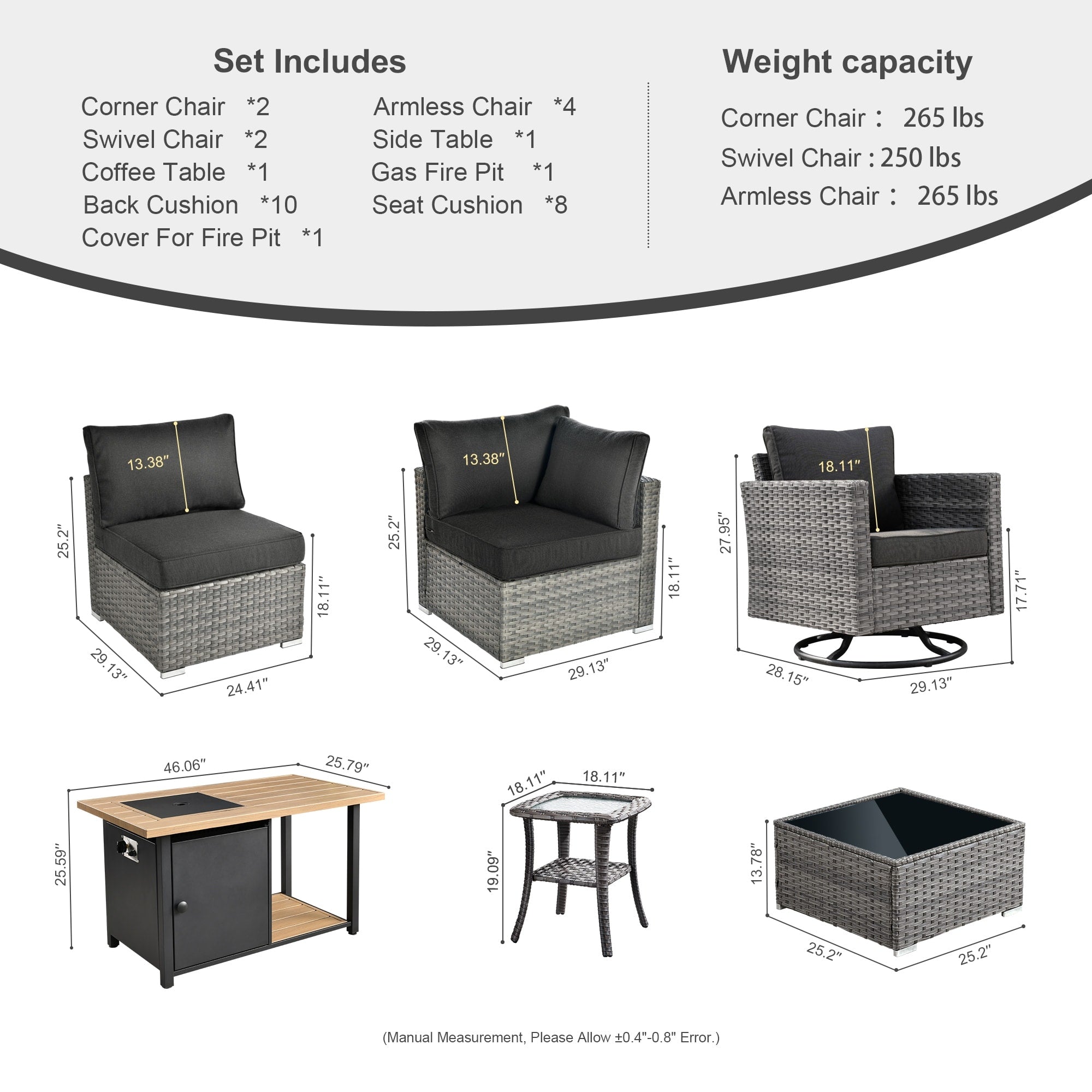 Ensemble de canapés d'angle OVIOS en résine tressée à assise profonde, 11 pièces, fauteuils pivotants et foyer extérieur