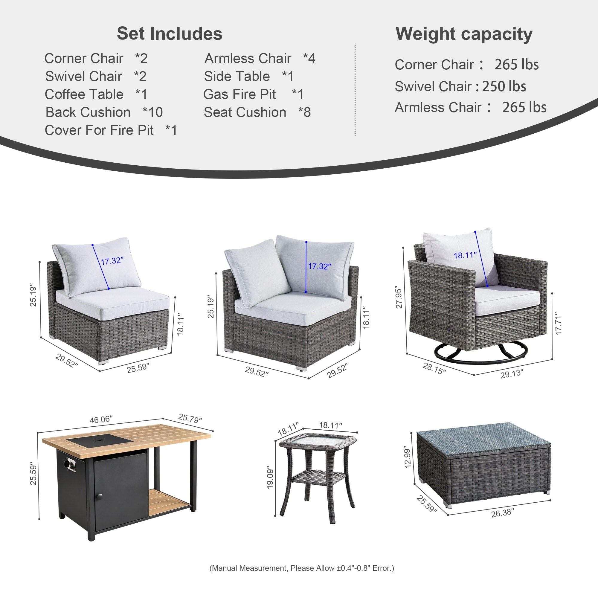 Ensemble de canapés d'angle OVIOS en résine tressée à assise profonde, 11 pièces, fauteuils pivotants et foyer extérieur