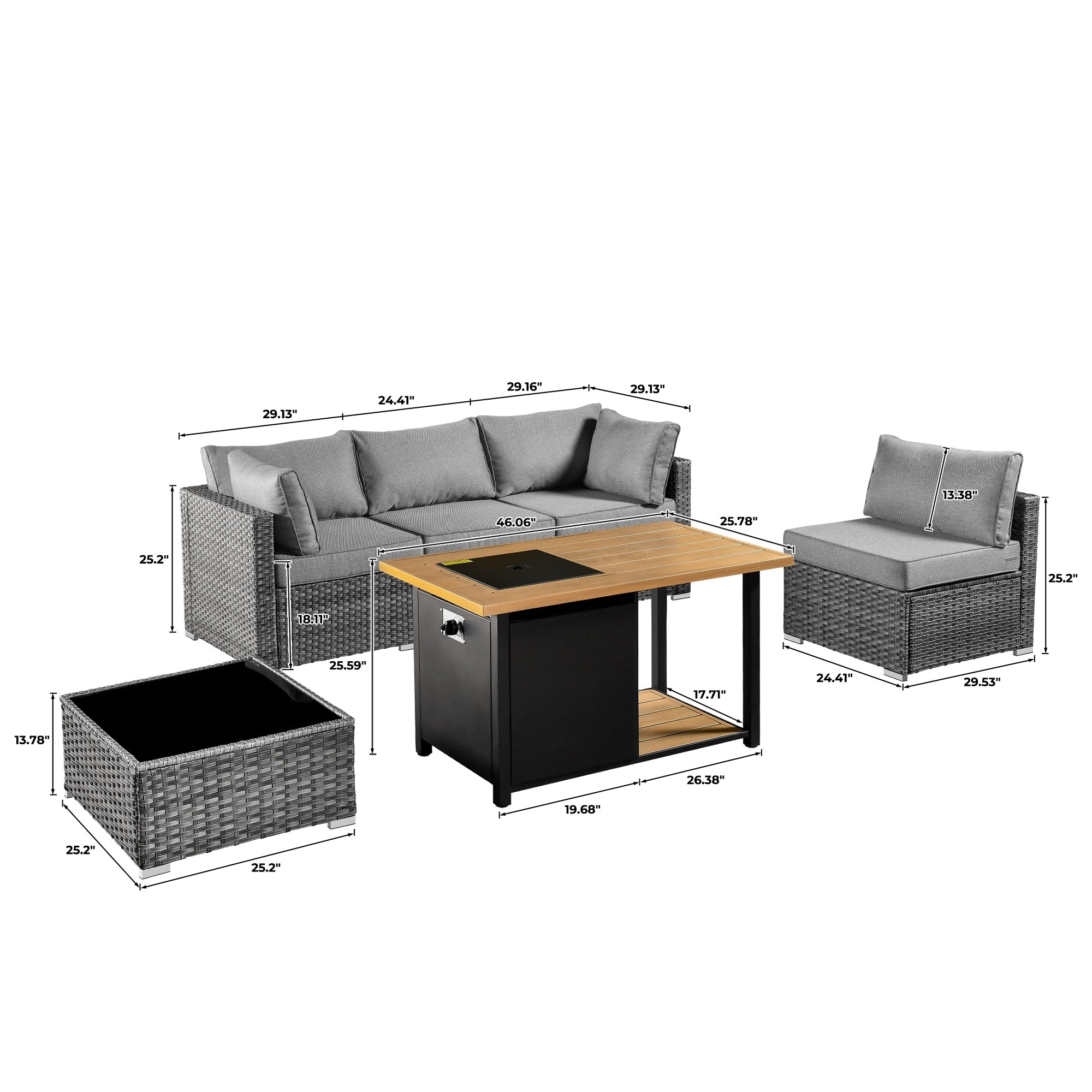 Ensemble de canapés d'angle OVIOS en résine tressée à assise profonde, 11 pièces, fauteuils pivotants et foyer extérieur