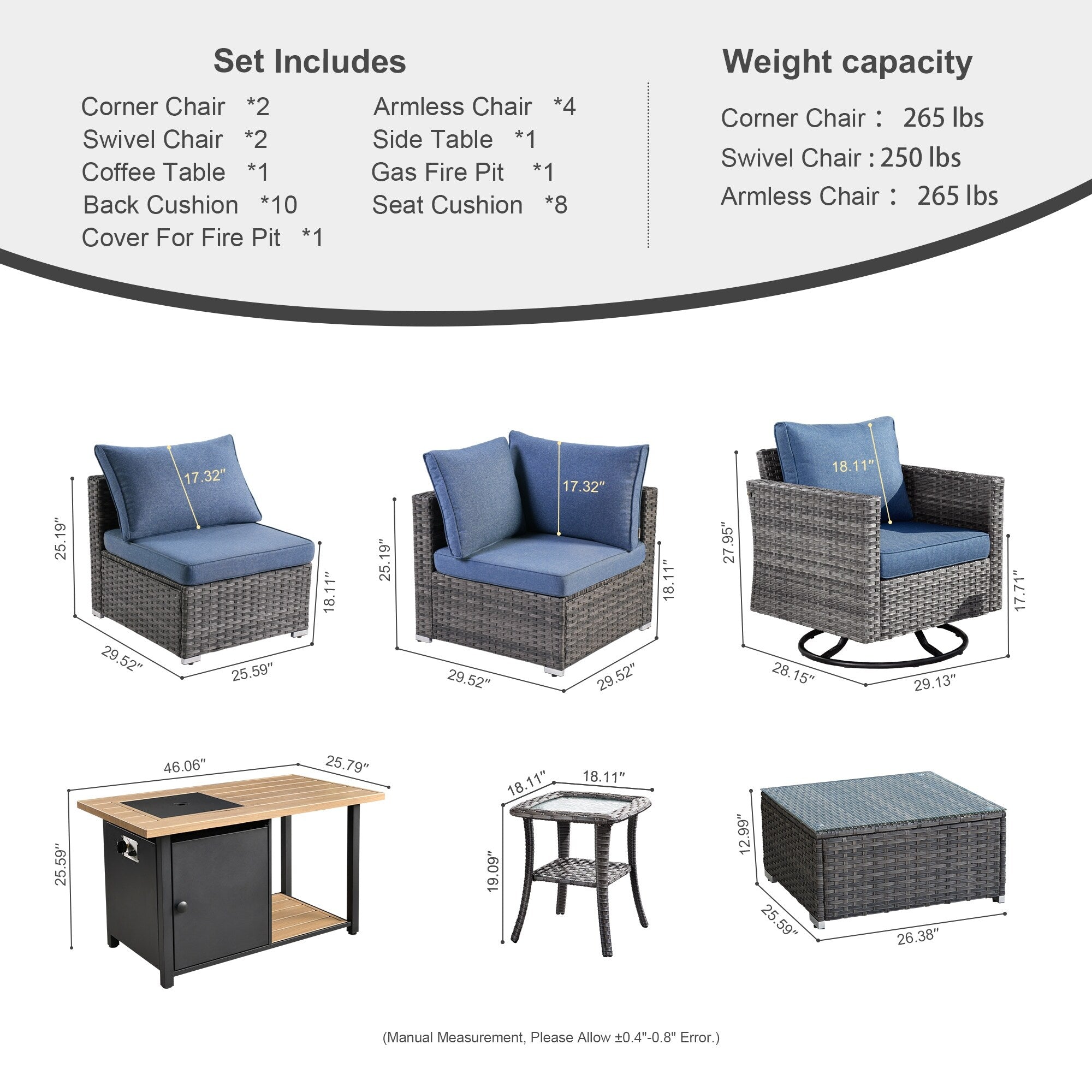 Ensemble de canapés d'angle OVIOS en résine tressée à assise profonde, 11 pièces, fauteuils pivotants et foyer extérieur
