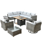 Ensemble de canapés d'angle OVIOS en résine tressée à assise profonde, 11 pièces, fauteuils pivotants et foyer extérieur