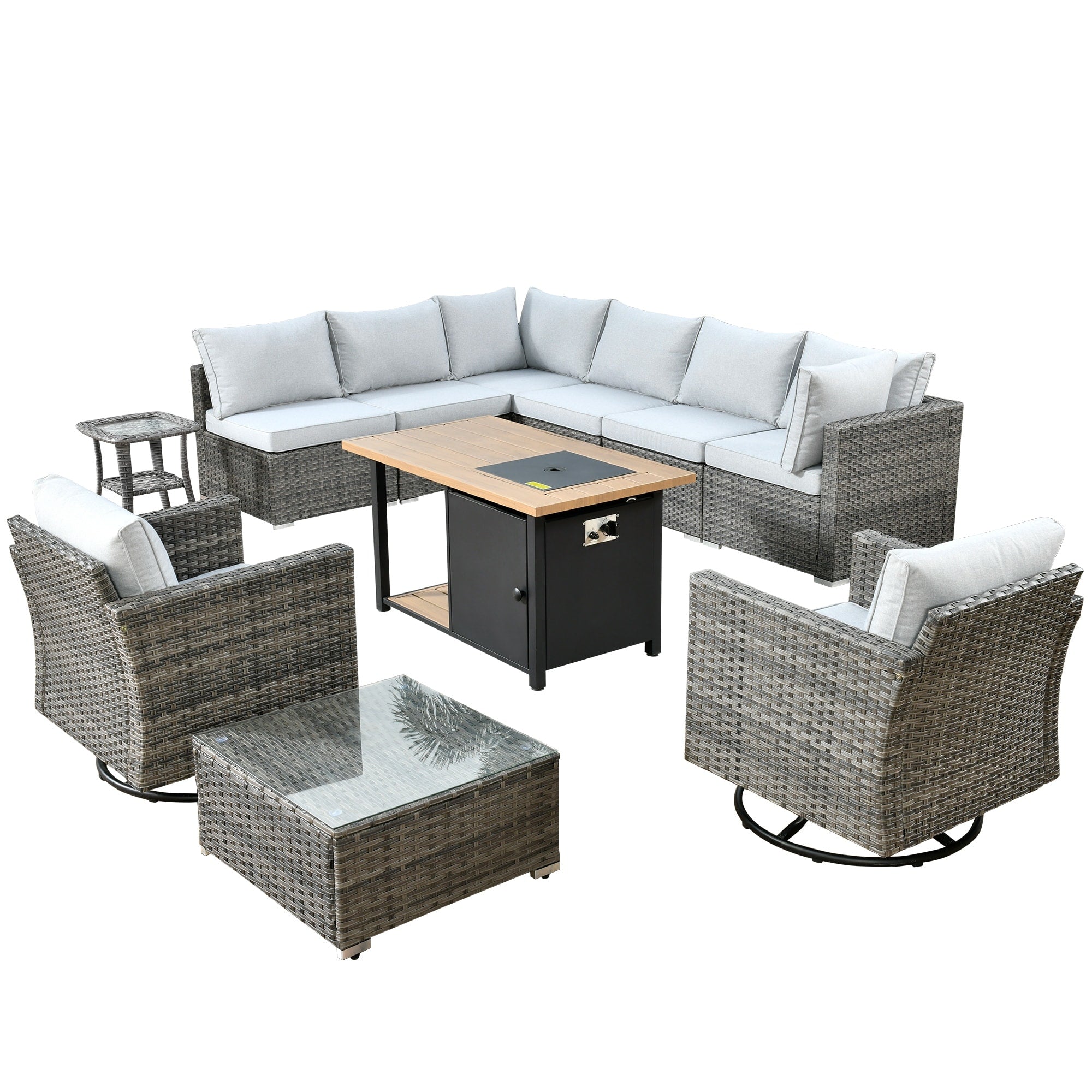 Ensemble de canapés d'angle OVIOS en résine tressée à assise profonde, 11 pièces, fauteuils pivotants et foyer extérieur