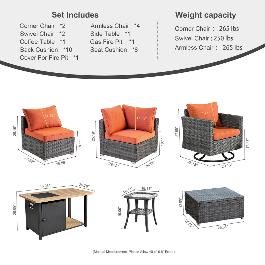 Ensemble de canapés d'angle OVIOS en résine tressée à assise profonde, 11 pièces, fauteuils pivotants et foyer extérieur