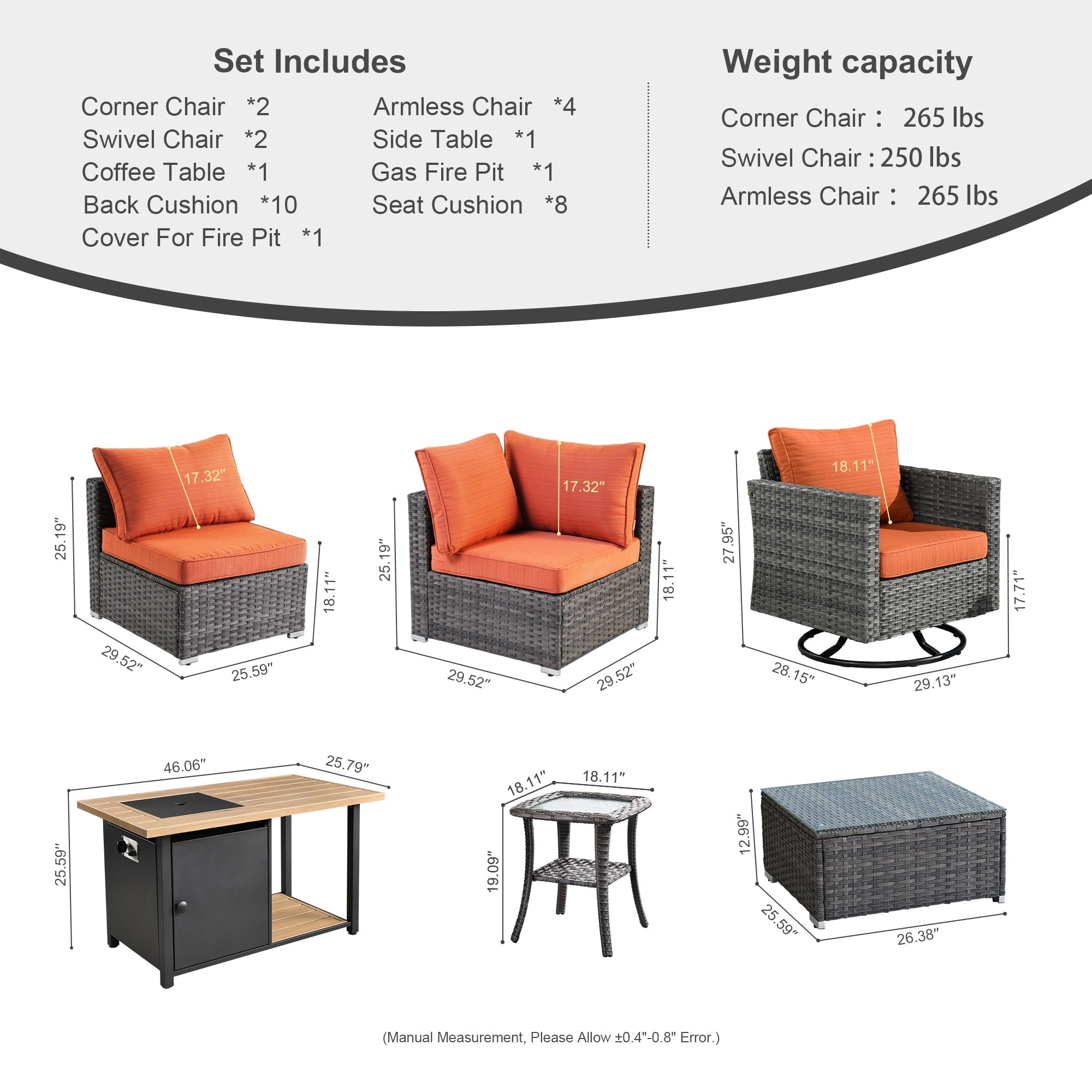 Ensemble de canapés d'angle OVIOS en résine tressée à assise profonde, 11 pièces, fauteuils pivotants et foyer extérieur