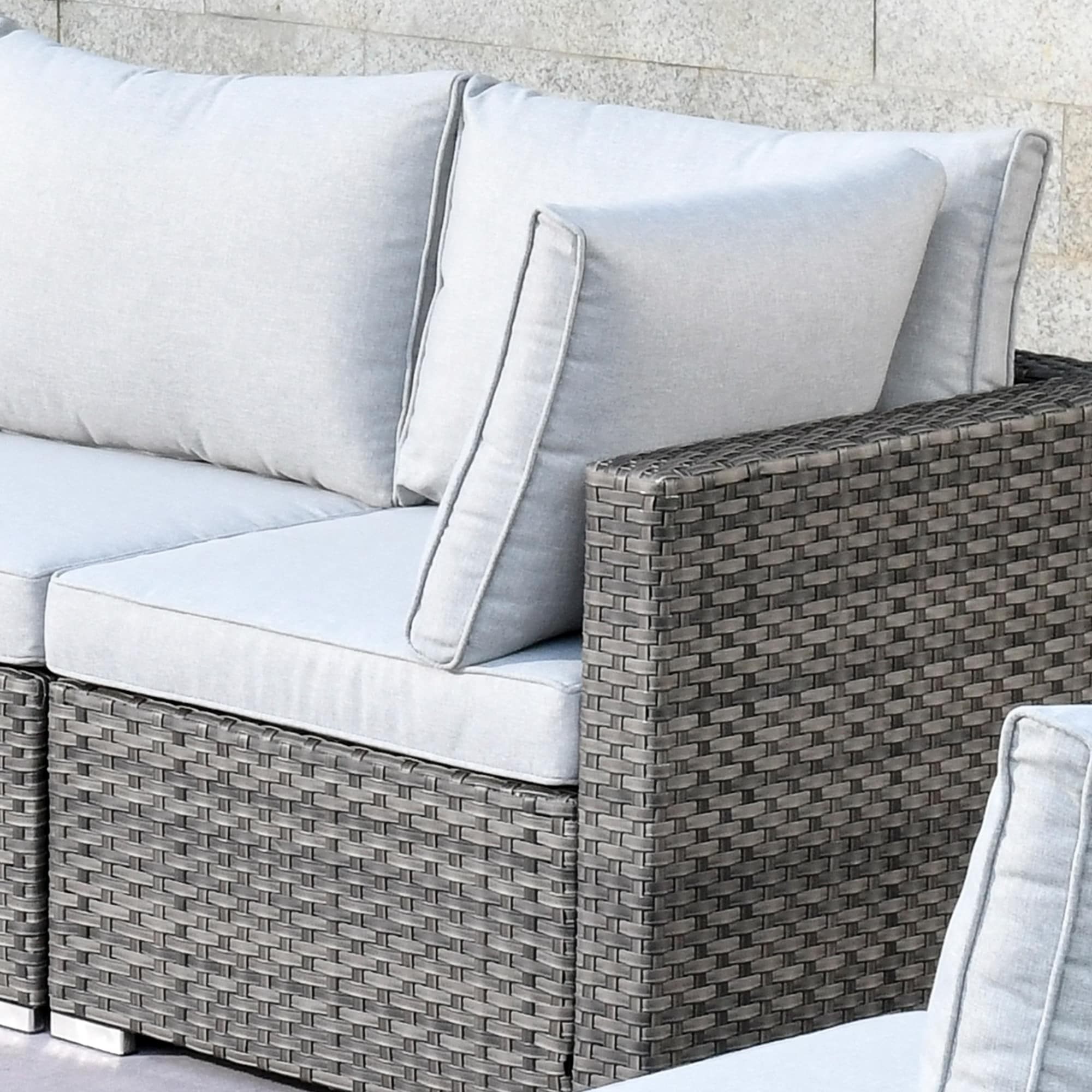 Ensemble de canapés d'angle OVIOS en résine tressée à assise profonde, 11 pièces, fauteuils pivotants et foyer extérieur