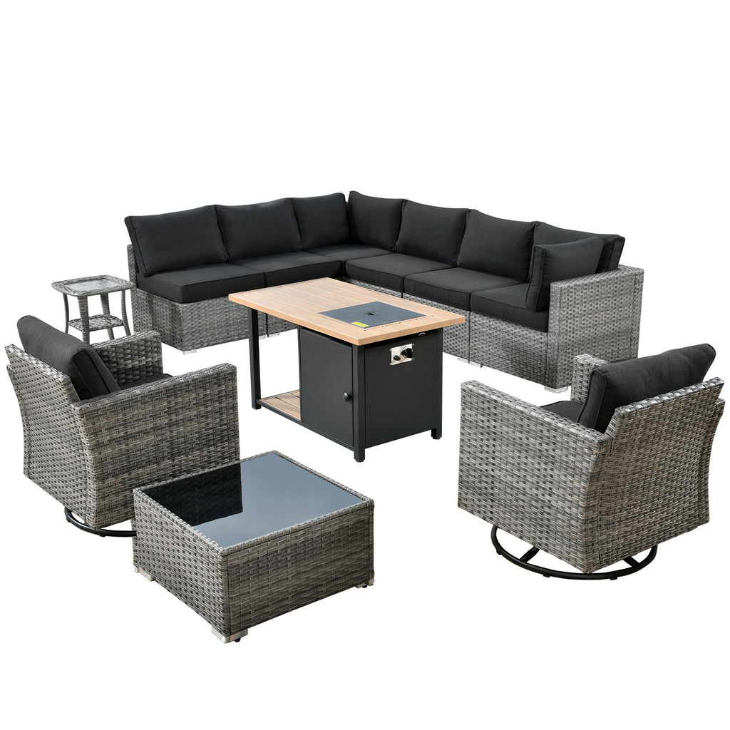 Ensemble de canapés d'angle OVIOS en résine tressée à assise profonde, 11 pièces, fauteuils pivotants et foyer extérieur